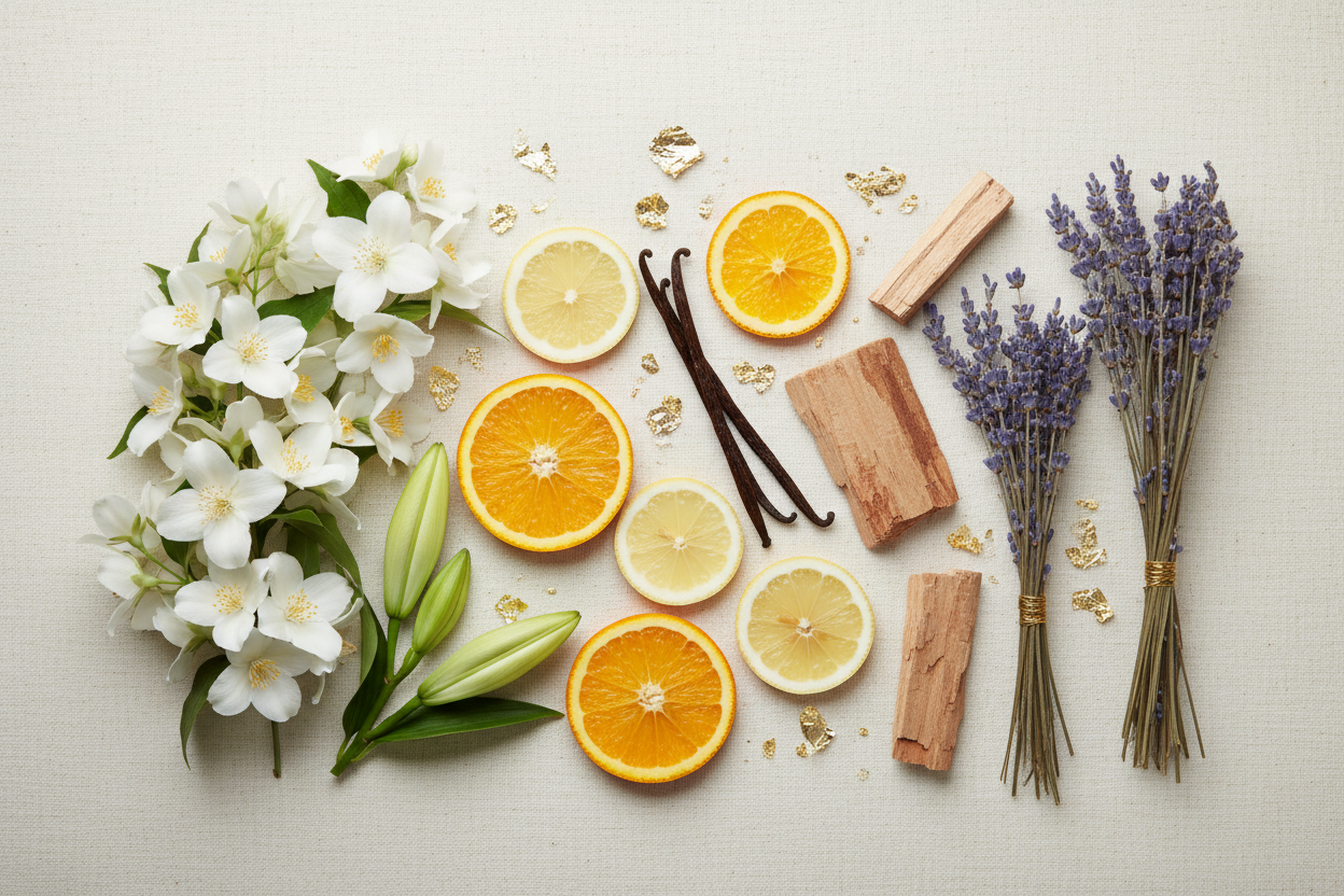 Composizione botanica con fiori bianchi, agrumi, vaniglia, legni aromatici e lavanda